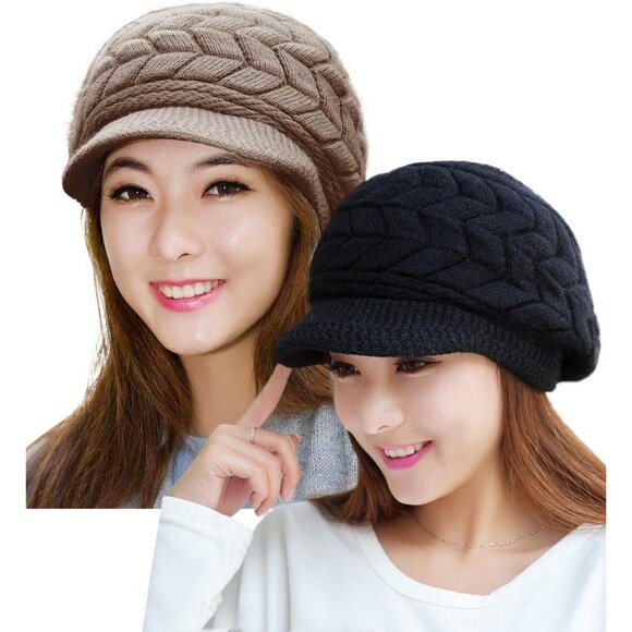 👑Women’s _2hats(black+coffee) Winter Warm Knit Wool Snow Ski Hat with Visor
